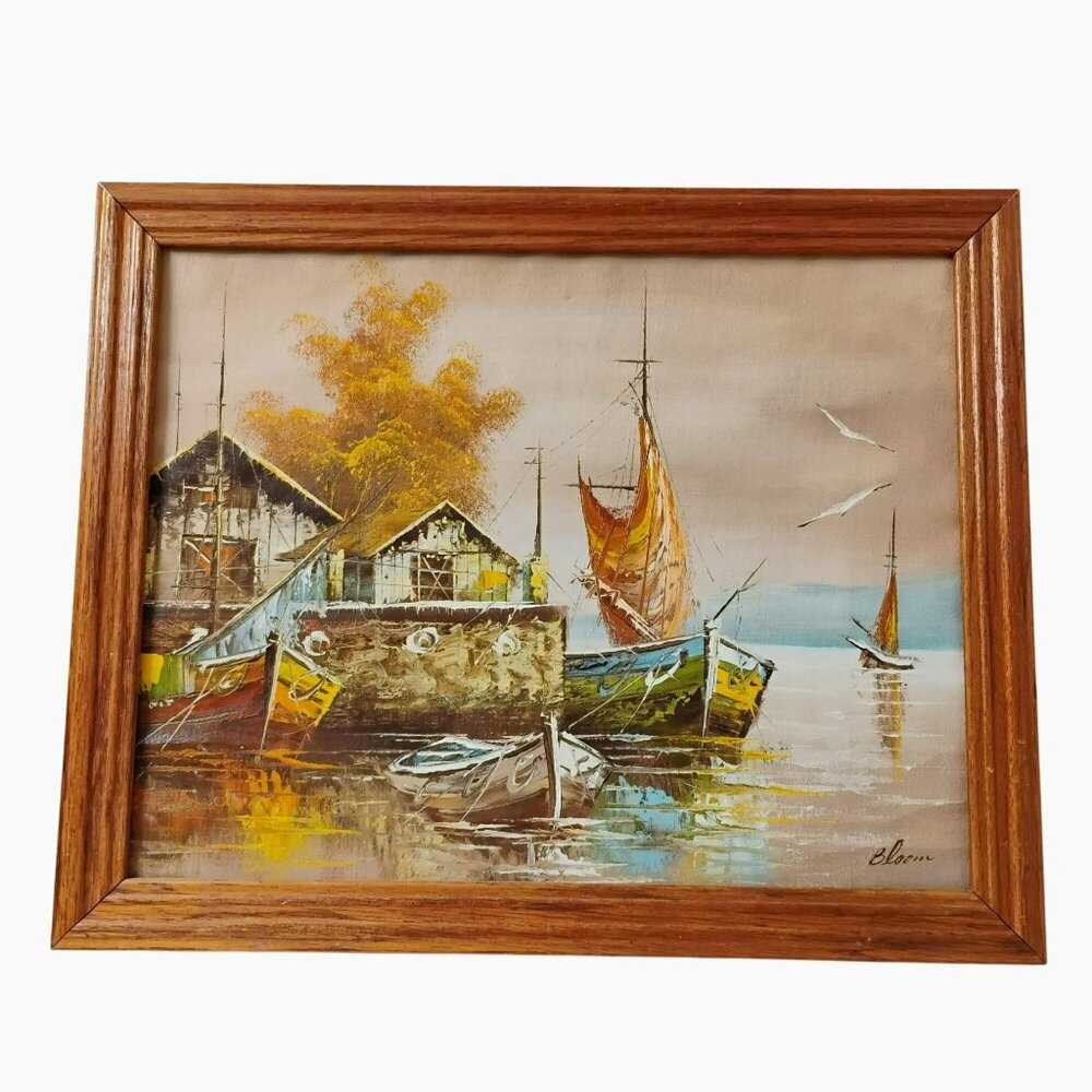 Vintage Original Oil Painting Harbor Scene & Boats Wood Frame Signed Bloom 21x17